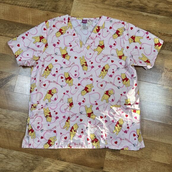 Wonderful World Of Disney Winnie The Pooh Bee Mine Valentines Scrub Top Sz Large - Picture 1 of 6
